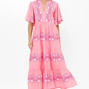 Oliphant Pink Maxi Dress with Dark Pink Embroidery
